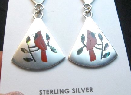 Image 3 of Zuni Cardinal 2-Pc Silver Dangle Earrings Red Flower Tops, Sanford Edaakie
