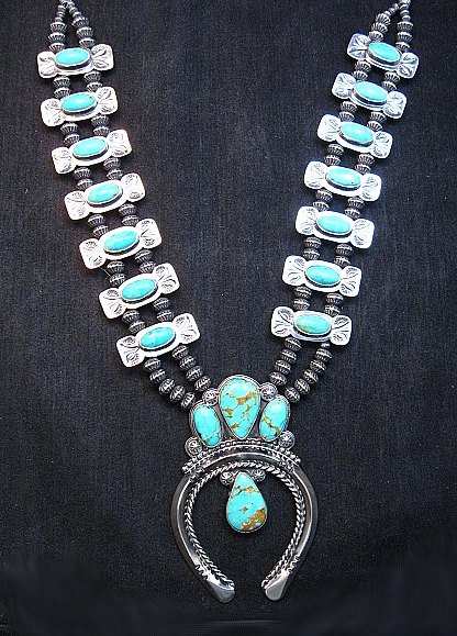 Image 12 of Navajo Bow Tie Squash Blossom Silver Turquoise Necklace, Everett & Mary Teller