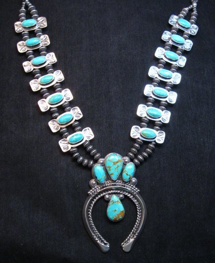 Image 2 of Navajo Bow Tie Squash Blossom Silver Turquoise Necklace, Everett & Mary Teller