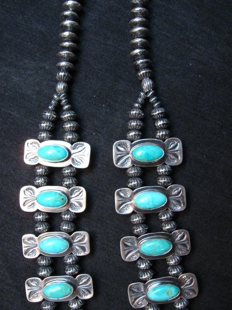 Image 6 of Navajo Bow Tie Squash Blossom Silver Turquoise Necklace, Everett & Mary Teller