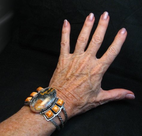 Image 3 of Navajo Everett Mary Teller Orange Jasper, Spiny Oyster Silver Bracelet