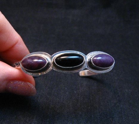 Image 1 of Navajo Black Onyx Purple Spiny Oyster Stacker Cuff Bracelet, Everett Mary Teller
