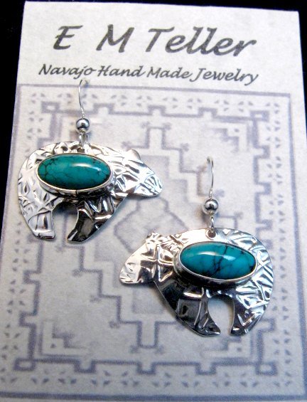 Image 1 of Navajo Native American Turquoise Silver Bear Earrings, Everett Mary Teller 