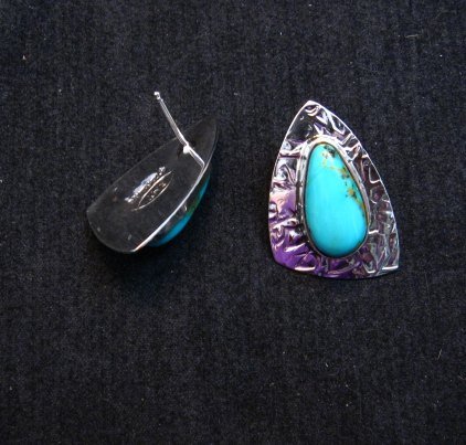 Image 2 of Navajo Kingman Turquoise Hammered Silver Post Earrings, Everett & Mary Teller 