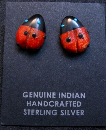 Image 0 of Cute Zuni Indian Ladybug Fetish Earrings by Georgette Quam