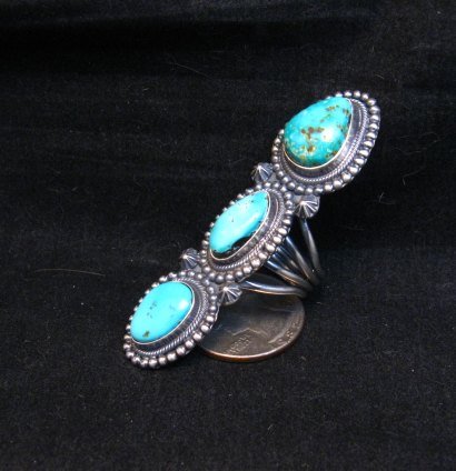 Image 3 of Long Navajo 3-Stone Turquoise Silver Ring by Freddie Maloney sz7