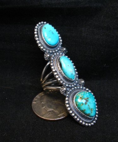 Image 2 of Long Navajo 3-Stone Turquoise Silver Ring by Freddie Maloney sz7