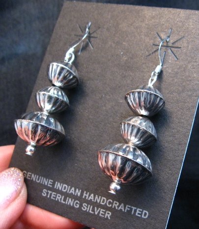 Image 1 of Navajo Hollow Sterling Silver Fluted Bead Dangle Earrings