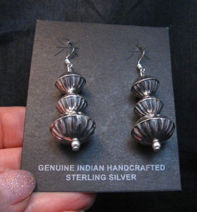 Image 2 of Navajo Hollow Sterling Silver Fluted Bead Dangle Earrings