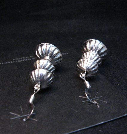 Image 3 of Navajo Hollow Sterling Silver Fluted Bead Dangle Earrings