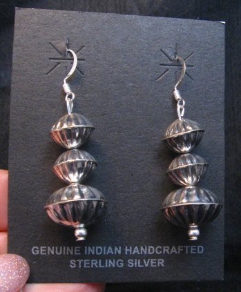 Image 4 of Navajo Hollow Sterling Silver Fluted Bead Dangle Earrings