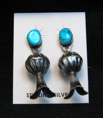 Image 0 of Navajo Turquoise Sterling Silver Fluted Squash Blossom Earrings, Marie Kurley
