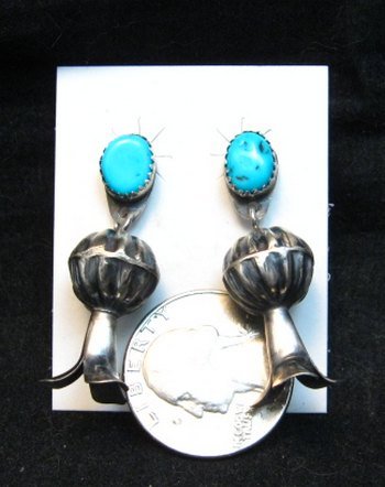 Image 3 of Navajo Turquoise Sterling Silver Fluted Squash Blossom Earrings, Marie Kurley