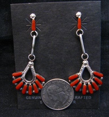 Image 1 of Long Zuni Indian Coral Dangle Earrings, Charlene Hattie