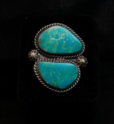 Image 2 of Double Kingman Turquoise Silver Ring sz8 by Navajo Rosella Paxson