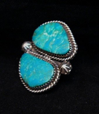 Image 3 of Double Kingman Turquoise Silver Ring sz8 by Navajo Rosella Paxson
