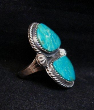Image 4 of Double Kingman Turquoise Silver Ring sz8 by Navajo Rosella Paxson