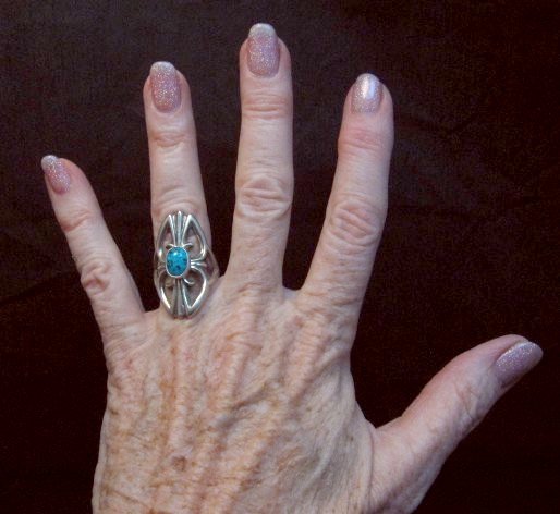 Image 3 of Mildred Parkhurst Navajo Sandcast Silver Turquoise Ring sz7-1/2
