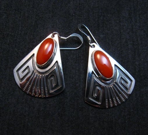 Image 0 of Navajo Handmade Sterling Silver Coral Earrings, Everett and Mary Teller