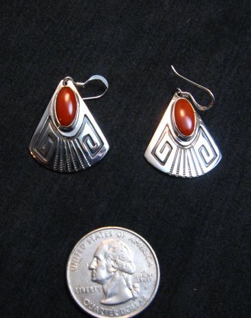 Image 1 of Navajo Handmade Sterling Silver Coral Earrings, Everett and Mary Teller