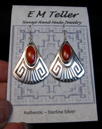 Image 2 of Navajo Handmade Sterling Silver Coral Earrings, Everett and Mary Teller