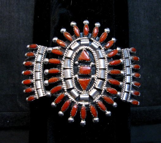Image 0 of Native American Zuni Coral Needlepoint Cluster Bracelet, Evonne Hustito
