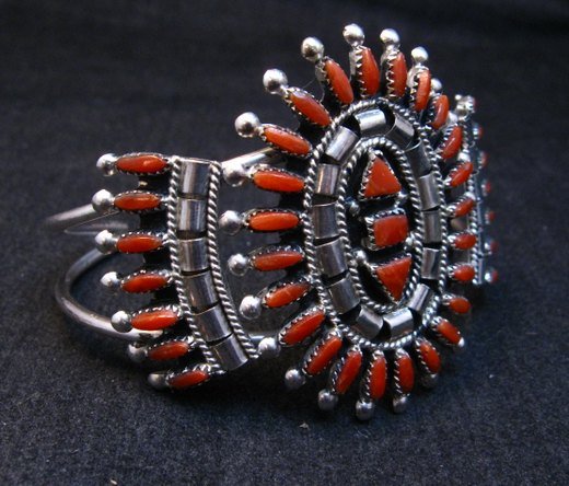 Image 1 of Native American Zuni Coral Needlepoint Cluster Bracelet, Evonne Hustito
