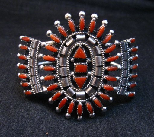 Image 2 of Native American Zuni Coral Needlepoint Cluster Bracelet, Evonne Hustito