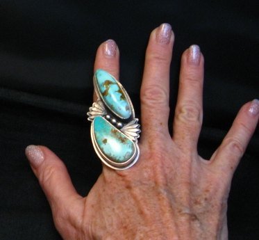 Image 2 of Huge Navajo Derrick Cadman Native American Pilot Mtn Turquoise Ring sz9