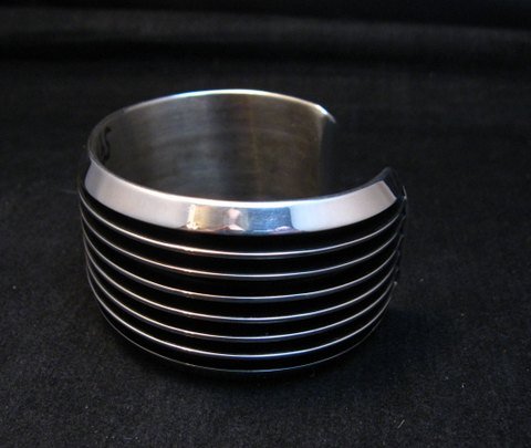 Image 3 of Wide Native American Navajo Sterling Silver Cuff Bracelet Tom Hawk