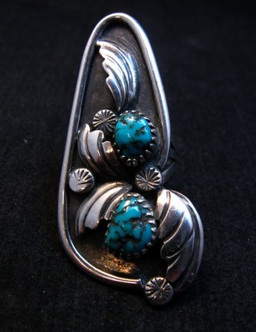 Image 0 of Vintage Long Double Turquoise Sterling Silver Ring sz6