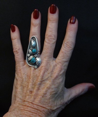 Image 1 of Vintage Long Double Turquoise Sterling Silver Ring sz6