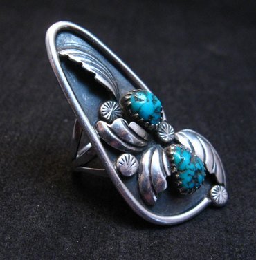 Image 2 of Vintage Long Double Turquoise Sterling Silver Ring sz6