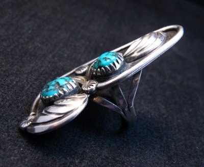 Image 3 of Vintage Long Double Turquoise Sterling Silver Ring sz6