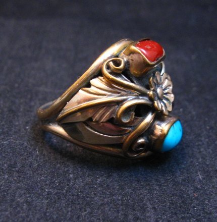 Image 1 of Vintage Navajo Turquoise Coral Sterling Silver and Gold Ring sz13, AJ Platero