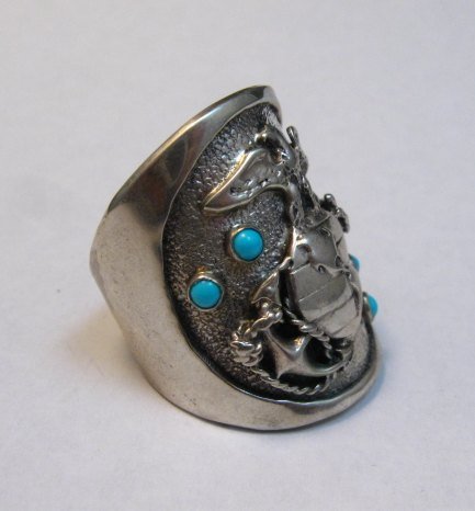 Image 2 of Native American Turquoise Sterling Silver USMC Ring, Eugene Gruber, sz11-1/2
