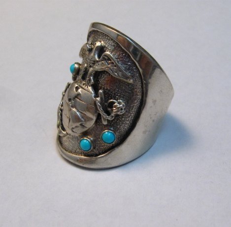 Image 3 of Native American Turquoise Sterling Silver USMC Ring, Eugene Gruber, sz11-1/2