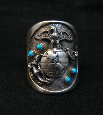 Image 0 of Navajo Turquoise Sterling Silver USMC Ring, Eugene Gruber, sz13-1/4