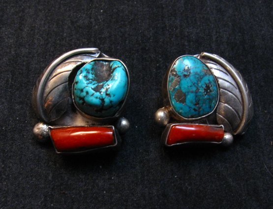 Image 0 of Vintage Native American Navajo Turquoise Coral Earrings, Clip-on