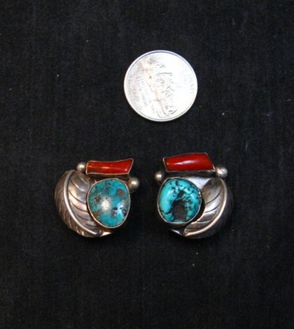 Image 2 of Vintage Native American Navajo Turquoise Coral Earrings, Clip-on