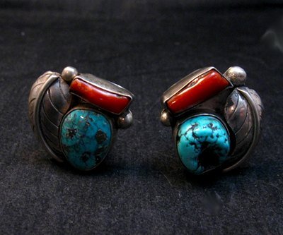 Image 1 of Vintage Native American Navajo Turquoise Coral Earrings, Clip-on
