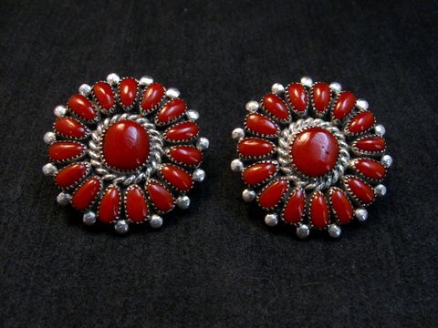 Image 0 of Lorraine Waatsa, Zuni, Red Coral Cluster Sterling Silver Earrings
