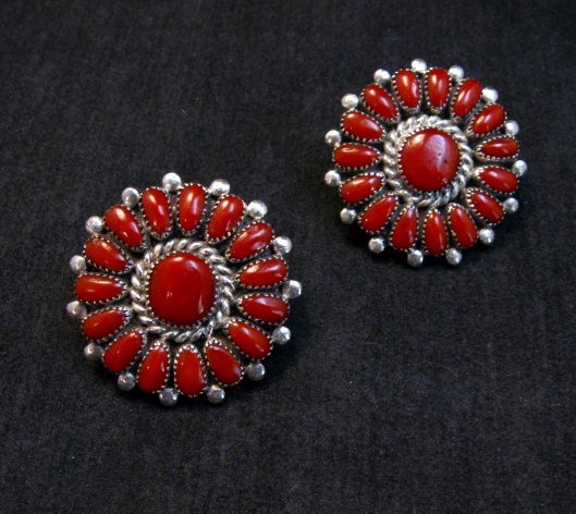 Image 1 of Lorraine Waatsa, Zuni, Red Coral Cluster Sterling Silver Earrings