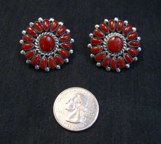 Image 2 of Lorraine Waatsa, Zuni, Red Coral Cluster Sterling Silver Earrings