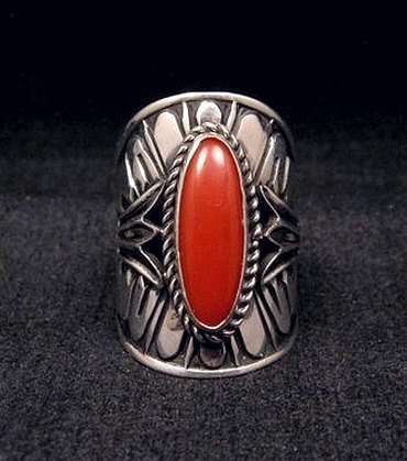Image 0 of Navajo Indian Derrick Gordon Coral Sterling Silver Ring Sz6-1/2