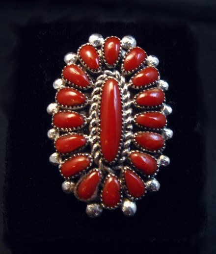 Image 6 of Lorraine Waatsa Zuni Red Coral Cluster Silver Ring sz8-1/2