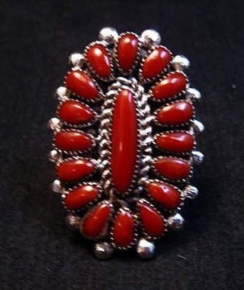 Image 0 of Lorraine Waatsa Zuni Red Coral Cluster Silver Ring sz8-1/2