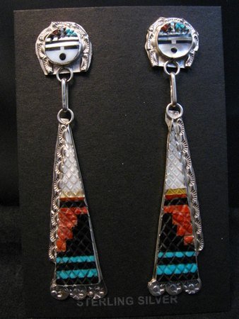 Image 0 of Long Zuni Inlaid Sunface Silver Dangle Earrings, Eldred Martinez
