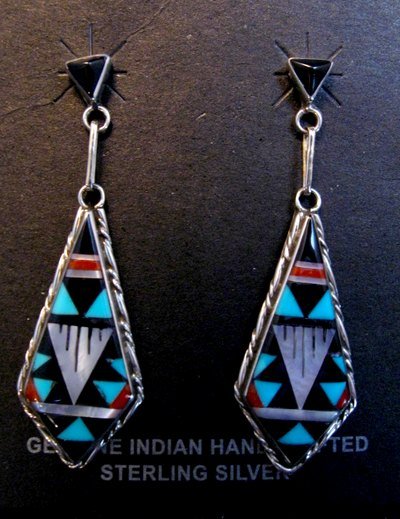 Image 0 of Native American Zuni Multi Inlay Dangle Earrings, S.D. Boone