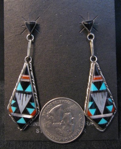 Image 1 of Native American Zuni Multi Inlay Dangle Earrings, S.D. Boone